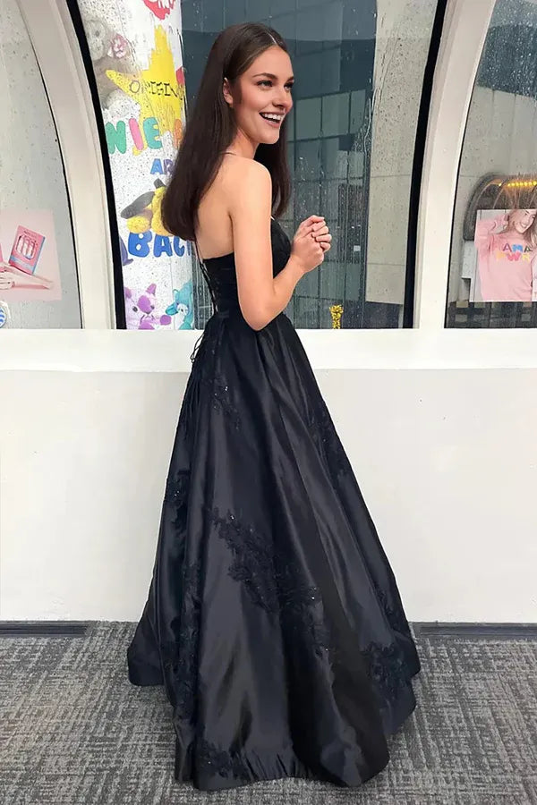 Vestido Weitese con tirantes finos brillantes, vestido de fiesta largo negro con apliques